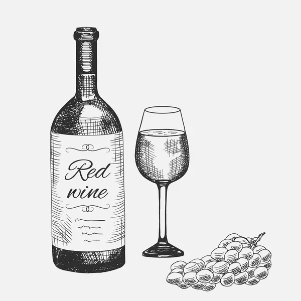 El kırmızı şarap öğeleri kümesi çekilmiş. Vektör çizim. Şarap kompozisyon, reklam şarap kullanılan içecek restoran veya bar menüsünden, logo tasarım. — Stok Vektör
