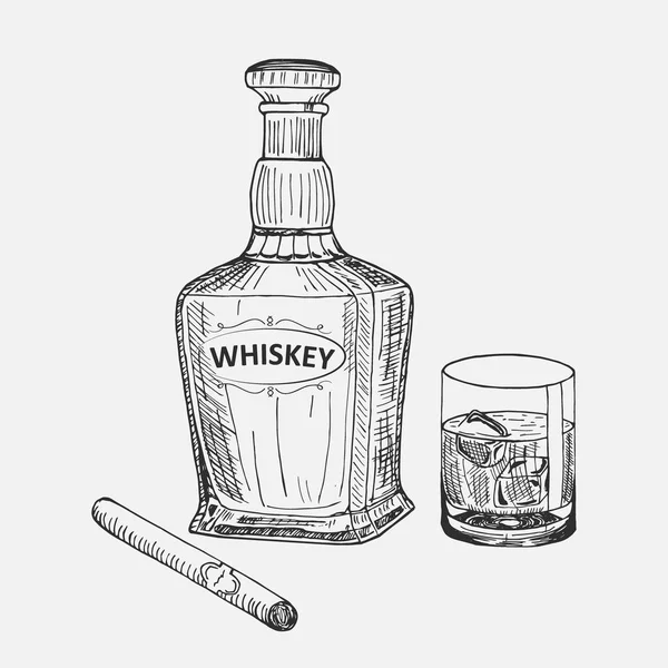 Creative sketch of whiskey composition. Vector illustration. Hand drawing whiskey set used for advertising beverage in restaurant or pub menu, for logo design. — Stock Vector