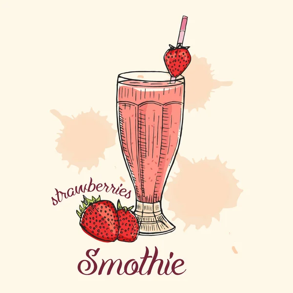 Frullato creativo di fragole in vetro con paglia. Illustrazione vettoriale, grafica. Schizzo di coctail di fragole utilizzato per banner, poster, bar o menu del ristorante . — Vettoriale Stock