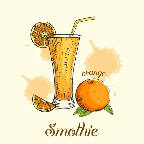 Creatieve oranje smoothie in glas met rietje. Vectorillustratie, grafisch ontwerp. Schets van Oranje coctail wordt gebruikt voor spandoek, poster, bar of restaurant menu. — Stockvector