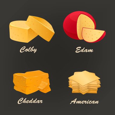 Collection of different kinds of yellow cheese icon. Vector illustration include cheddar, colby, edam and american curd. Dairy set used for logo design, advertising cheese or restaurant menu. clipart
