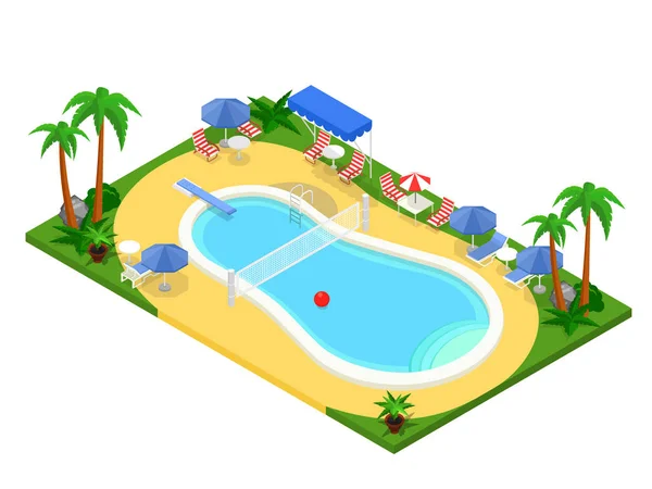 Realistic isometric outdoor swimming pool. Creative 3D vector illustration, summer vacation concept. Basin design used for infographics, map creation or banner, poster, card. — Stock Vector
