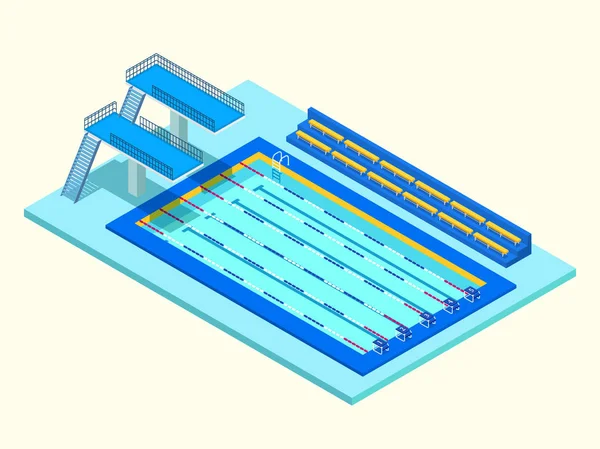 Gerçekçi izometrik spor Havuzu. Yaratıcı 3d Havzası, kule atlama ve tribün illüstrasyon vektör. İnfographics, başlık sayfası, poster veya kartı oluşturma için kullanılan perspektif tasarım.