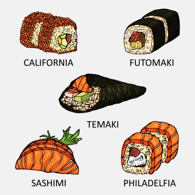 Grafik sushi seti iyiliği, ebi, ikura ve tamago simgesi içerir. Sushi menü veya tarifi kitap tasarımı reklam için kullanılan vektör renkli kroki.