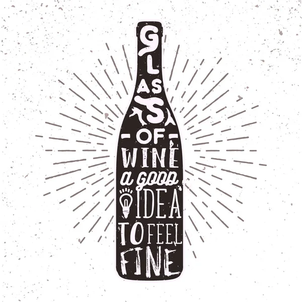 Rótulo desenhado à mão com garrafa de vinho, sunburst e letras. ilustração tipografia vetorial para cartão, cartaz, bar ou pub menu . — Vetor de Stock