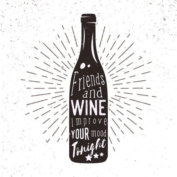 Sílhueta vetorial de garrafa de vinho com sunburst e letras. Frase de caligrafia usada para bebidas publicitárias, menu de bar ou pub, design de cartão e cartaz . — Vetor de Stock