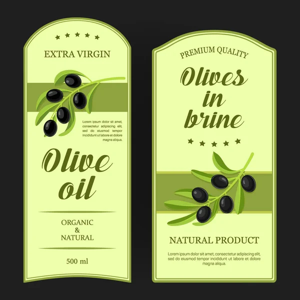 Ensemble d'étiquettes pour l'huile d'olive avec branches d'olives noires. Autocollants vectoriels conçus pour la publicité de l'huile d'olive ou des olives en saumure de qualité supérieure . — Image vectorielle