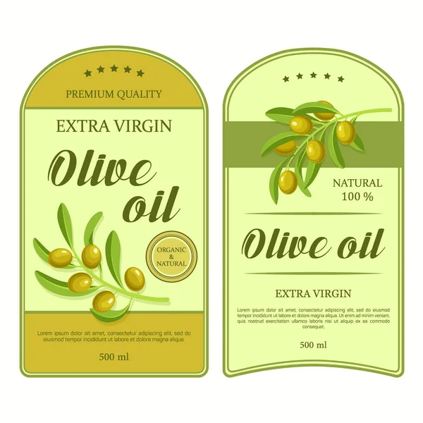 Creative stickers for olive oil with green olives. Vector labels used for bottle or can advertising organic olive products premium quality. Elegance retro design. — Stock Vector