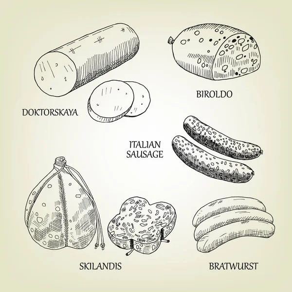 Grafische Sammlung von Wurst, Skilandis, Biroldo, Bratwurst, Doktorskaya und italienischen Frankfurtern. Vektorfleisch für die Werbung für landwirtschaftliche Produkte, Metzgerei oder Menügestaltung. — Stockvektor