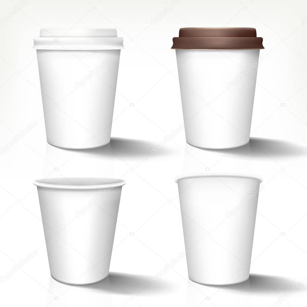 Set of realistic paper cups in front view. Vector templates, 3d design, fully editable handmade mesh. Disposable glasses used for logo design or advertising different hot drinks.