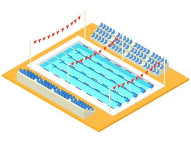 Gerçekçi izometrik spor Havuzu. Yaratıcı 3d Havzası, bayraklar ve tribün illüstrasyon vektör. İnfographics, başlık sayfası, poster veya kartı oluşturma için kullanılan perspektif tasarım.