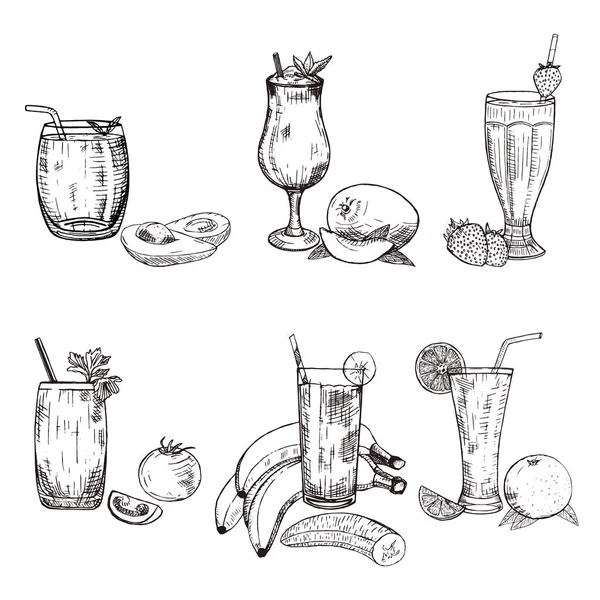Kolekce různých koktejl do skla. Vektorové skici avokádo, banán, mango, pomeranč, jahoda a rajče nápojů. Ovocné sady pro pohon menu nebo recept přebalu. — Stockový vektor