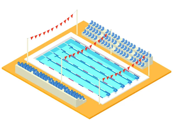 Piscina sportiva isometrica realistica. Illustrazione vettoriale 3D creativa con bacino, bandiere e tribuna. Design prospettico utilizzato per infografiche, banner, poster o creazione di carte . — Vettoriale Stock
