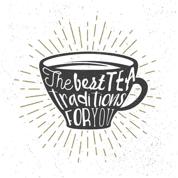 Cartel creativo con silueta de taza de té y texto. Ilustración vectorial con frase manuscrita. Taza de tipografía y letras utilizadas para póster, banner, tarjetas, impresiones o menú de café . — Vector de stock