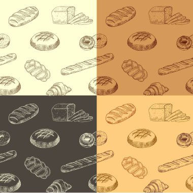 Gerçekçi pişirme ile çizilmiş desen renkli el. Vektör çizim. Ambalaj, kitapçık veya poster tasarım baskı için tasarlanmış ekmek siluet ile sorunsuz duvar kağıdı.