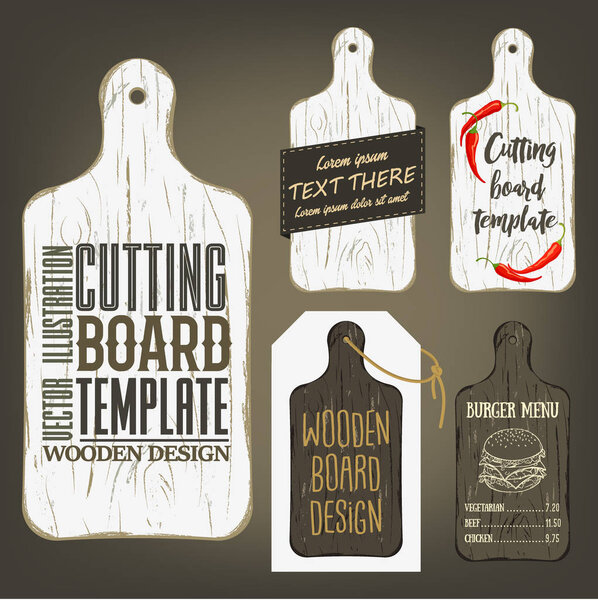 Wood cutting board template with usage examples. Vector illustration with textured plank used as mockup for label, logo, card, poster, advertising bar or pizzeria menu.