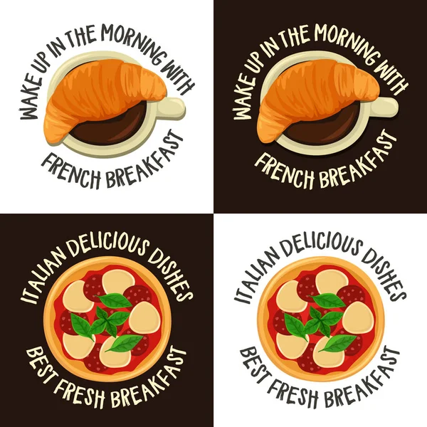 Set de etiquetas coloridas con desayuno francés e italiano. Los emblemas vectoriales incluyen croissant con café y pizza. Pegatinas utilizadas para ofertas de café o pizzería, menú, folleto, tarjeta o diseño de logotipo . — Vector de stock