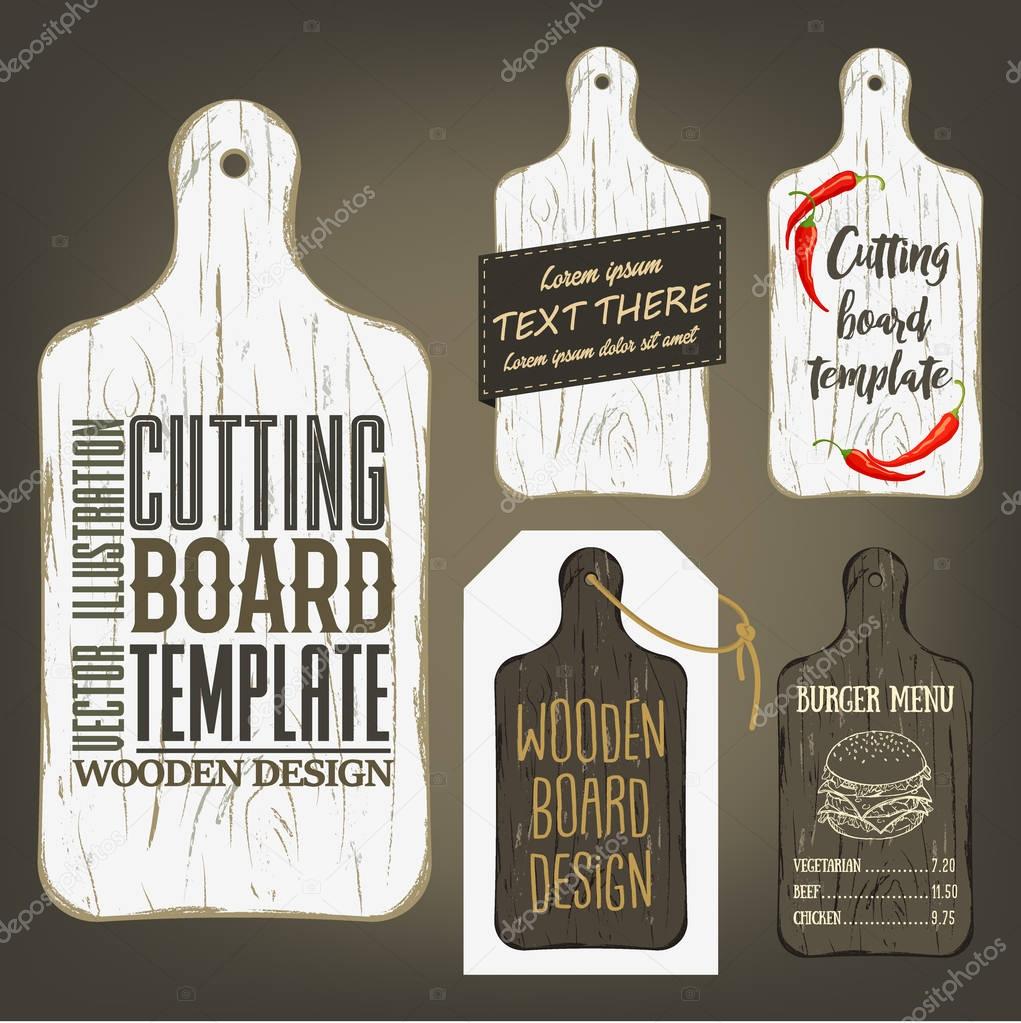 Wood cutting board template with usage examples. Vector illustration with textured plank used as mockup for label, logo, card, poster, advertising bar or pizzeria menu.