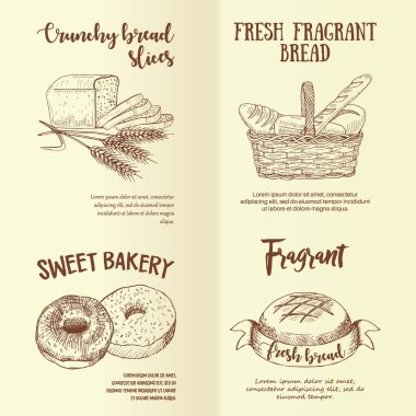 Elle çizilmiş grafik ekmek etiket kümesi. Tasarlanmış reklam ekmek, kitapçık, ilanda, poster, logo ve ambalaj tasarımı için satır gerçekçi pişirme amblem ile illüstrasyon vektör.
