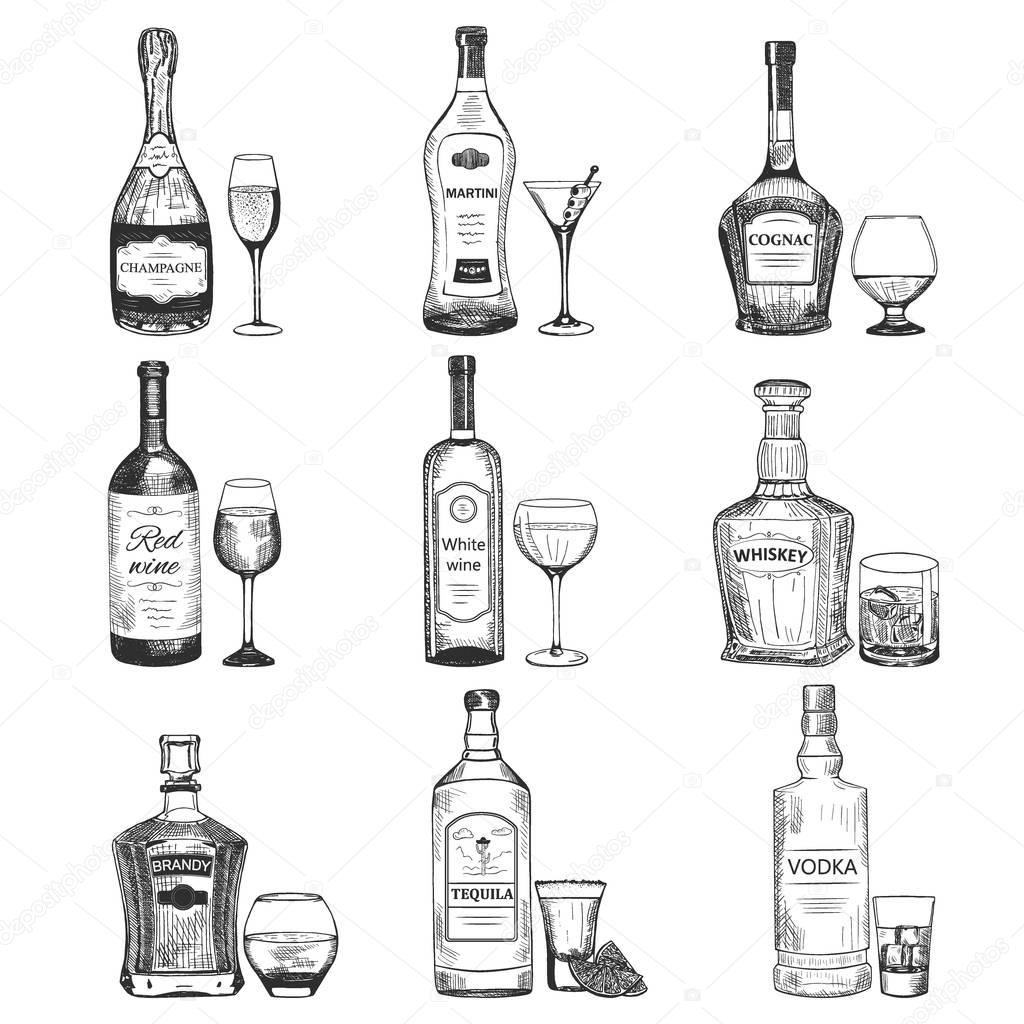 Creative sketch of alcohol drinks. Vector illustration with graphic silhouette of bottles and goblets. Set used for advertising beverage in restaurant, pub menu, for poster or banner design.