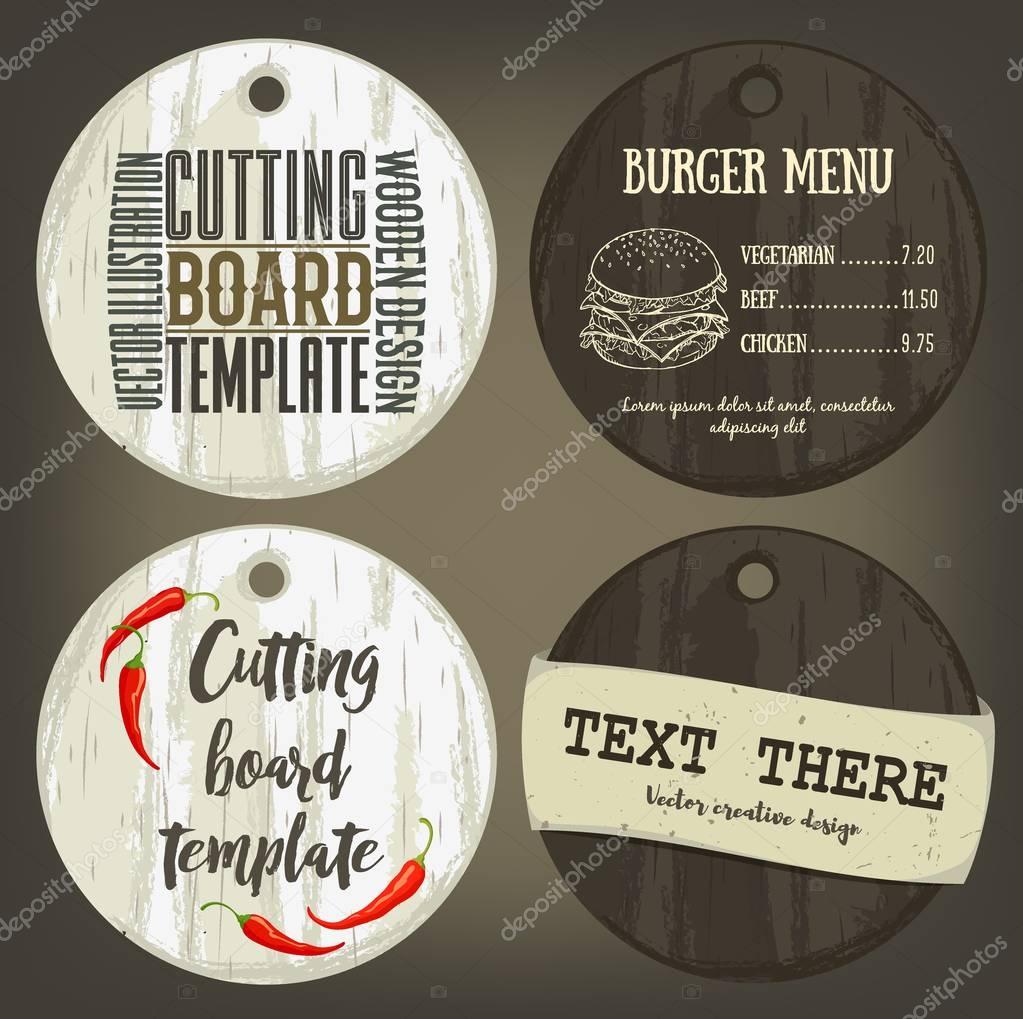 Wood round cutting board template with hole and usage examples. Vector illustration with textured plank used as mockup for label, logo, card, poster, advertising bar or pizzeria menu.
