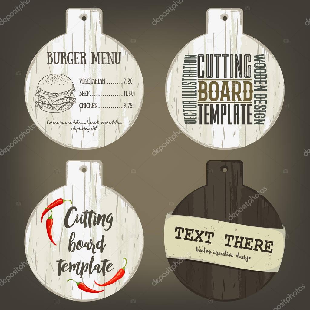 Hand drawn round cutting board mockup with handle and usage examples. Vector illustration with old textured plank used as template for label, logo, card, poster, advertising bar or pizzeria menu.