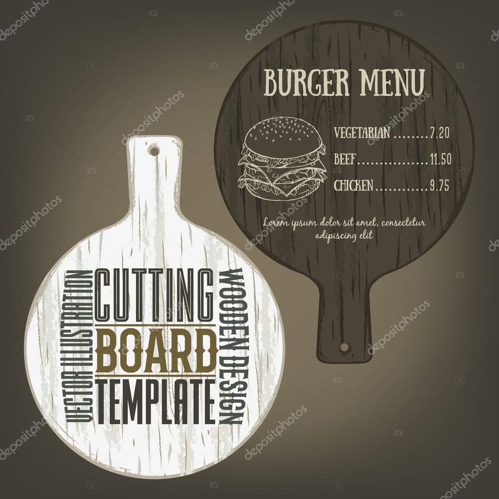 Hand drawn cutting board mockup with handle and usage examples. Vector illustration with textured round plank used as mockup for label, logo, card, poster, advertising bar or pizzeria menu.