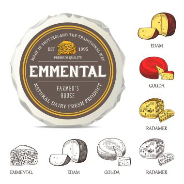 Peynir etiket tasarım mockup sarmalayıcı üzerinde. Anahat lor ile vektör etiketi ayarlayın. Reklam peynir ve grafik simgeleri için iyi logo tasarım veya amblem oluşturmak için kullanılan el çekilmiş şablonu.