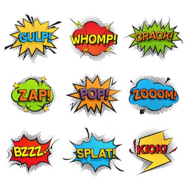 Comic funny speech bubbles collection. Set of vector sound effects, noise, rumble, buzzing, creak and crash. Colorful popart stickers designed in retro style for comic books, print or icons. clipart