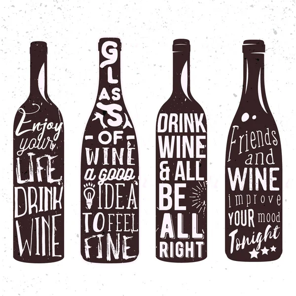 Set tipografia di silhouette bottiglia di vino con scritte. Illustrazione calligrafica vettoriale progettata per la creazione di bar o pub pubblicitari, stampe, poster, banner ed etichette . — Vettoriale Stock