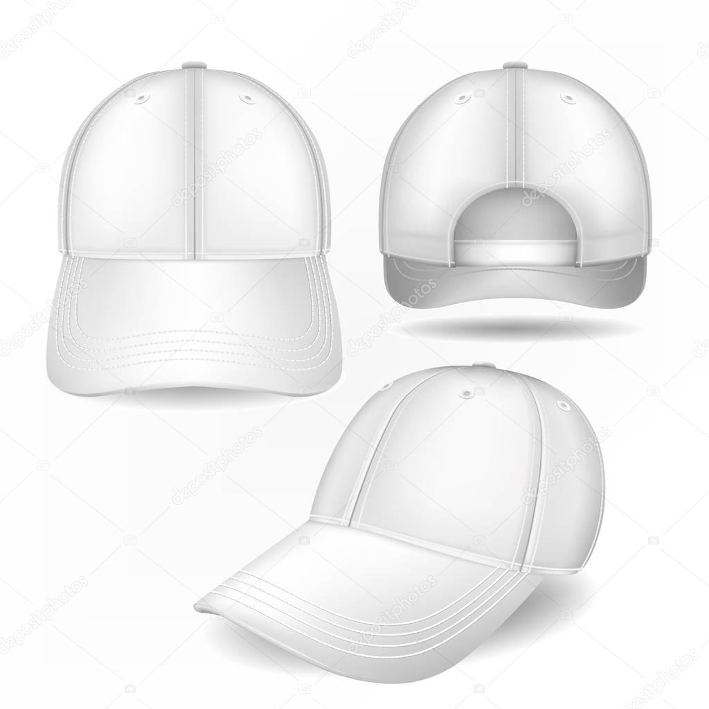 Cap mockup in front, side and back views. Vector template. Fully editable handmade mesh. Realistic hat set used for advertising labels, logo, emblem design or textile goods, for websites.