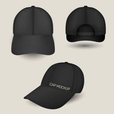Siyah kapaklar mockup ön, yan ve arka sayısı. Vektör şablonları. Tamamen düzenlenebilir el yapımı örgü. Gerçekçi şapka reklam etiketleri, logo, amblem için tasarım veya tekstil ürünleri, Web siteleri için kullanılan.