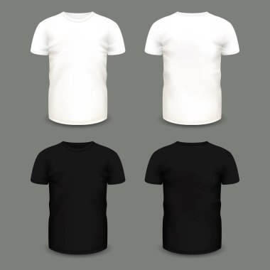 Mens Beyaz dizi ve siyah t-shirt önünde ve geri sayısı. Hacimsel vektör şablonu. Gerçekçi gömlek mockup tasarım veya tekstil ürünleri, Web siteleri için reklam etiketleri, logo, amblem için kullanılan.