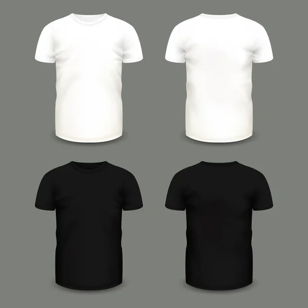 Set of mens white and black t-shirts in front and back views. Volumetric vector template. Realistic shirts mockup used for advertising labels, logo, emblem design or textile goods, for websites. — Stock Vector