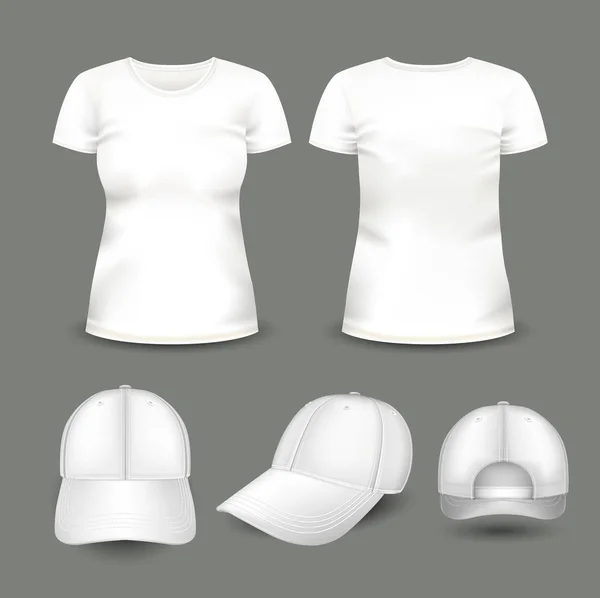 Set aus weißem T-Shirt und Mütze für Frauen in Vorder- und Rückansicht. volumetrische Vektorvorlage. realistische Hemden-Attrappen für Werbeanhängsel, Logo, Emblemdesign oder Textilwaren, für Webseiten. — Stockvektor