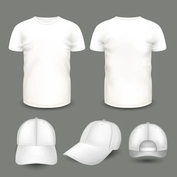 Ensemble de t-shirt blanc pour homme et casquette devant et derrière. Modèle vectoriel volumétrique. Chemises réalistes maquettes pour étiquettes publicitaires, logo, emblème ou articles textiles, pour sites web . — Image vectorielle