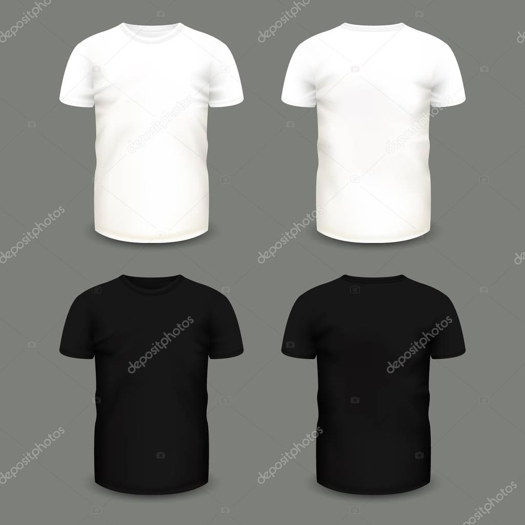 Set of mens white and black t-shirts in front and back views. Volumetric vector template. Realistic shirts mockup used for advertising labels, logo, emblem design or textile goods, for websites.