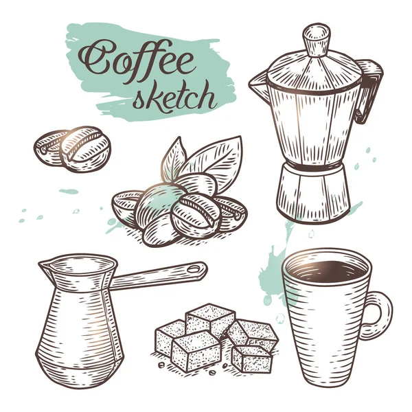 Delinear elementos de café isolados no fundo. Esboço vetorial de panela de café, feijões, açúcar e ícones de xícara pode usar para impressão, menu de café ou publicidade de produtos . —  Vetores de Stock