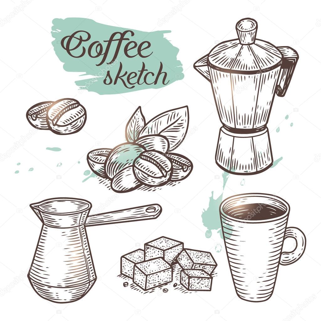 Outline coffee elements isolated on background. Vector sketch of coffee pot, beans, sugar and cup icons can use for print, cafe menu or advertising of products.