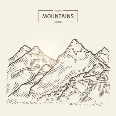 Dağlar manzara taslağını. Vektör highlands siluet yüksekliği ile sallamak. Güzellikler için bir afiş, poster, afiş veya kartpostal tasarımı iyidir.