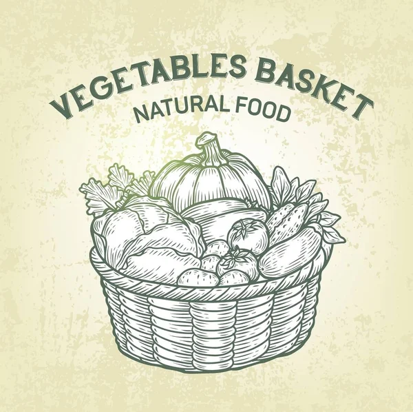 Panier vectoriel avec légumes frais. Croquis réaliste de la nourriture de jardin, contour, design rétro. Une simple étiquette de nourriture végétarienne est bonne pour la publicité des produits agricoles ou la conception de livres de recettes . — Image vectorielle