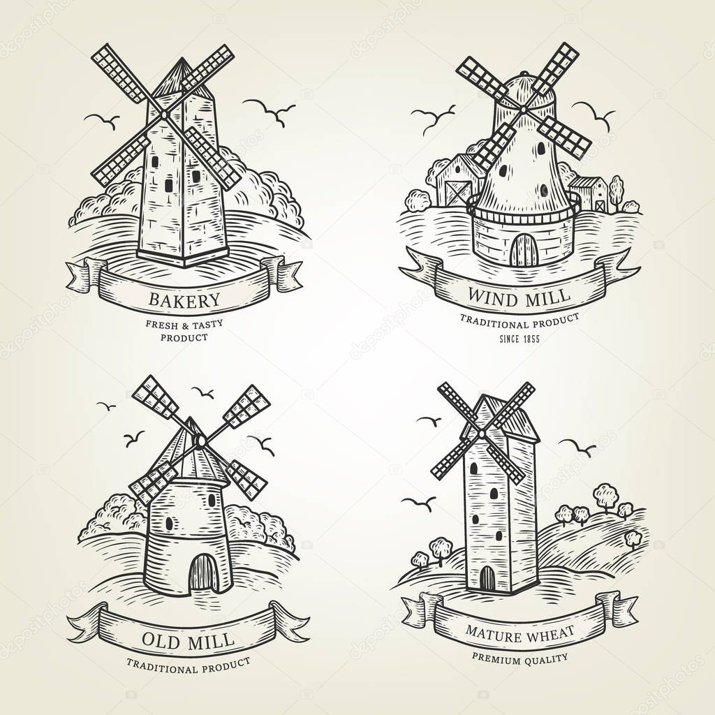 Set of farm landscapes with windmills views. Vector farmlands isolated on background. Realistic old mills collection are use as label, logo, sticker, emblem for advertising bakery or flour products.