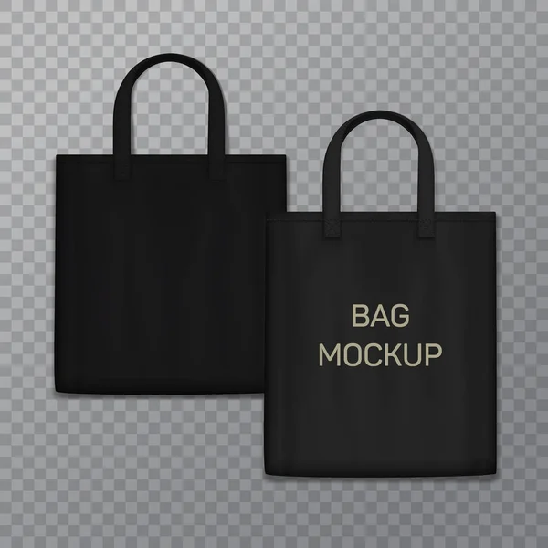 Schwarze realistische Einkaufstaschenvorlage isoliert auf dem Hintergrund. Vektor Textil Handtasche von vorne kann als Attrappe für ein Logo, Emblem Kreation oder Verkauf Werbung verwendet werden. — Stockvektor