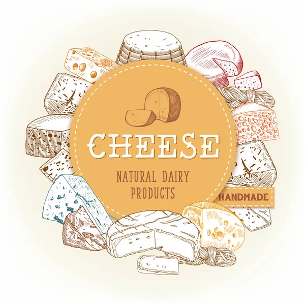 Banner de comida de queijo com gouda e cheddar, chechil —  Vetores de Stock