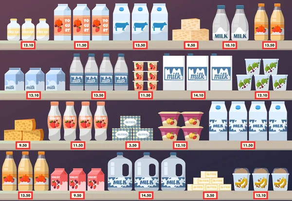 Stall or stand with milk products in mall — Stock Vector