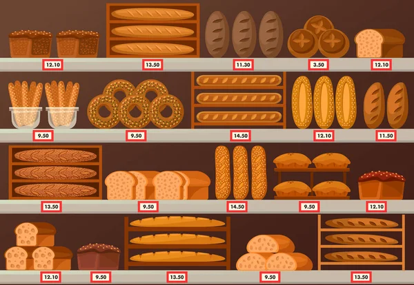 Puesto de panadería o escaparate con pan — Vector de stock