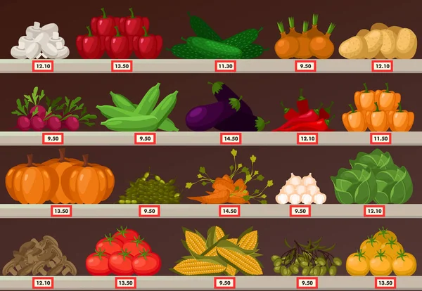 Λαχανικά σε βιτρίνα ή κατάστημα πάγκους στην αγορά — Διανυσματικό Αρχείο