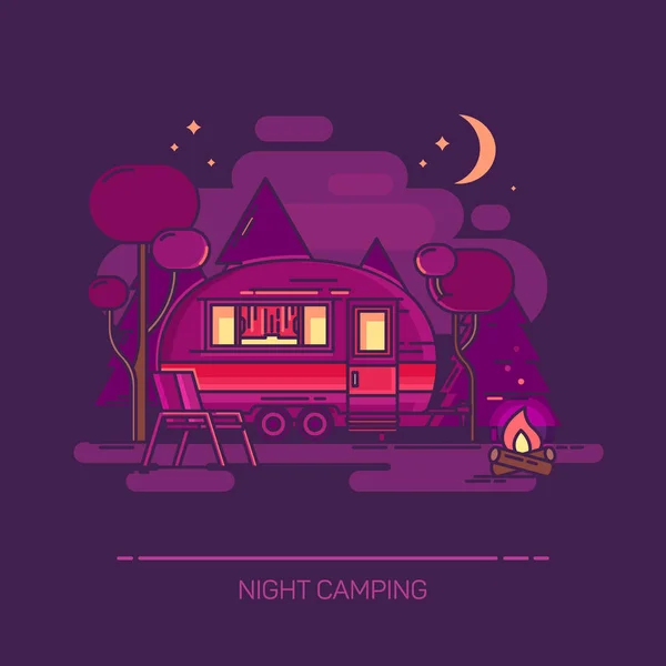 Outdoor view on cartoon trailer at night camping — Stock Vector