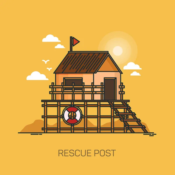 Rescue post at sand beach with lifebuoy — Stock Vector