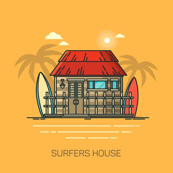 House with surfboards, surfer home with palms — Stock Vector
